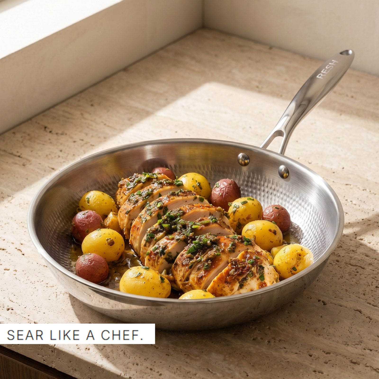 RESH 3-Ply Titanium Frying Pan – Hammered Surface, 100% Titanium, No PFAS/PTFE/PFOA Naturally Non-stick pan